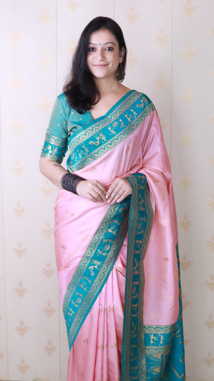 Baby pink soft silk zari woven warli art traditional saree