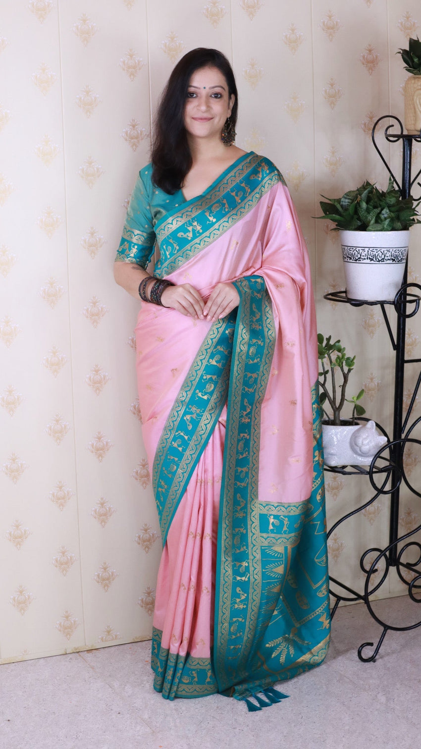 Baby pink soft silk zari woven warli art traditional saree