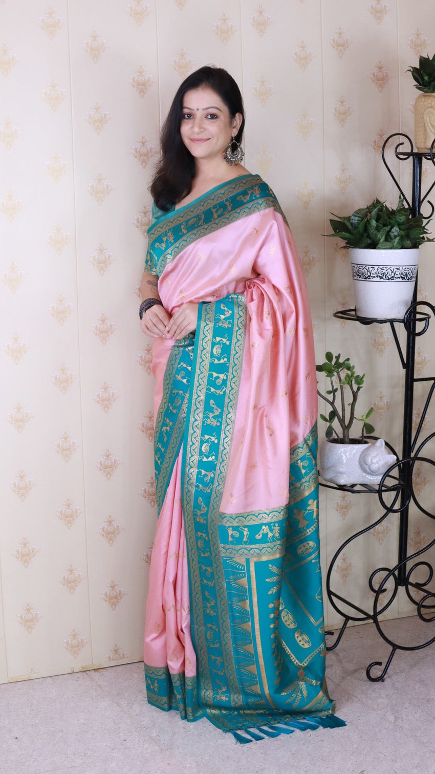 Baby pink soft silk zari woven warli art traditional saree