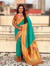 Aqua Blue Zari Woven Bandhani Paithani Fusion Silk Saree