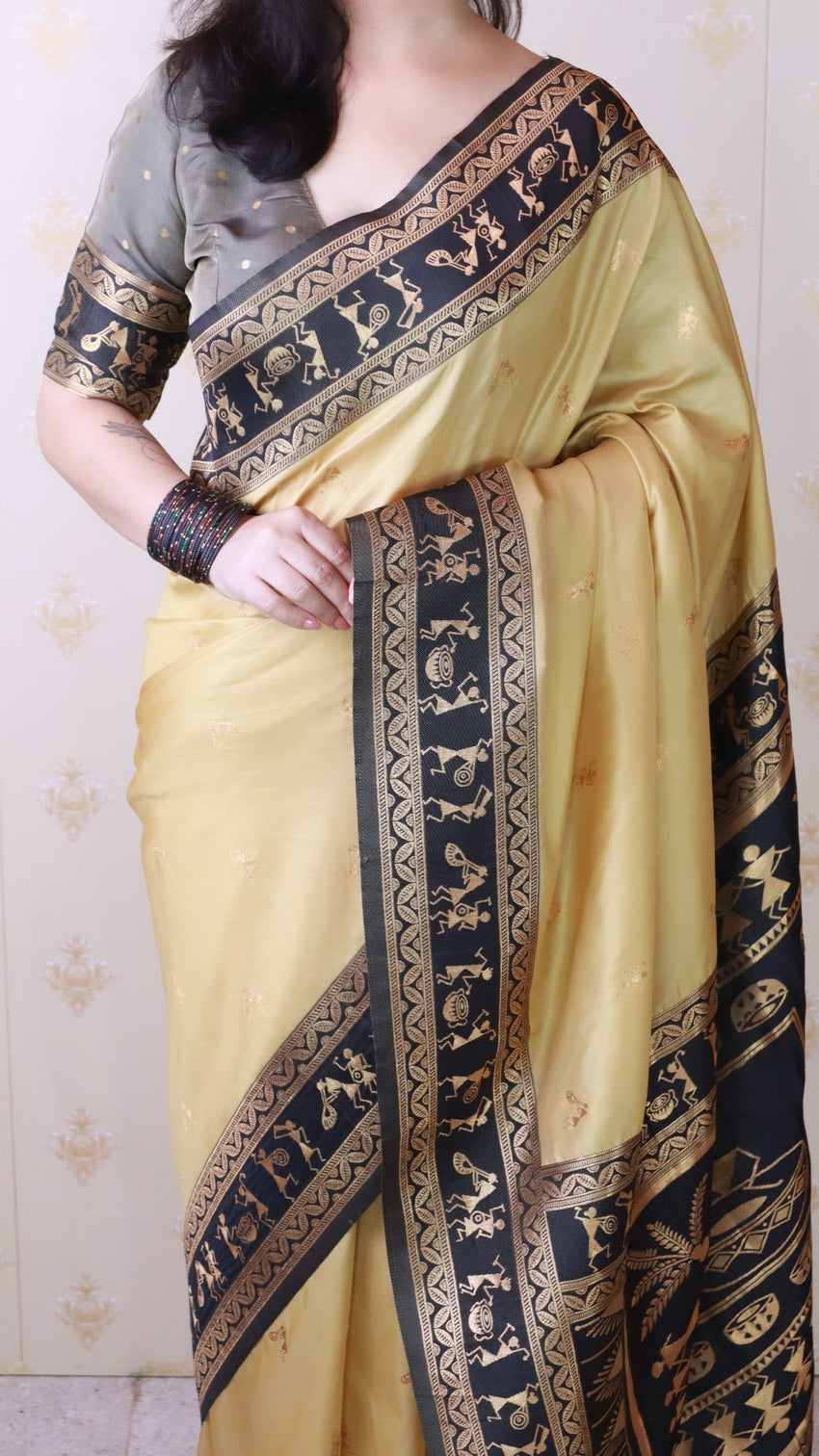 Chickoo soft silk zari woven warli art traditional saree