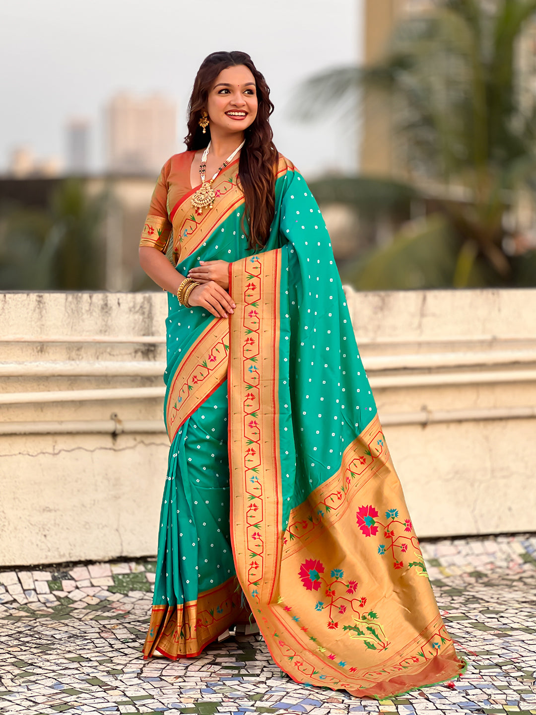 Aqua Blue Zari Woven Bandhani Paithani Fusion Silk Saree