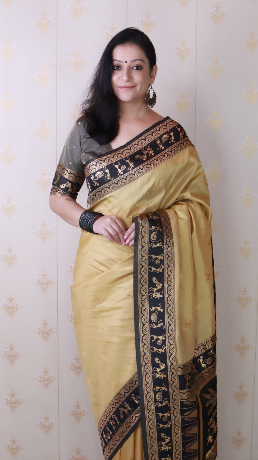 Chickoo soft silk zari woven warli art traditional saree