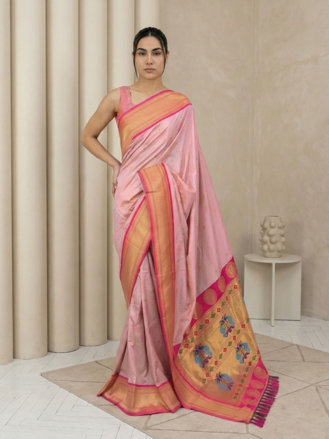 Babypink Soft Silk Paithani Saree For Women Meenakari Zari Weaving Floral Motifs Traditional Wedding Saree With Brocade Blouse