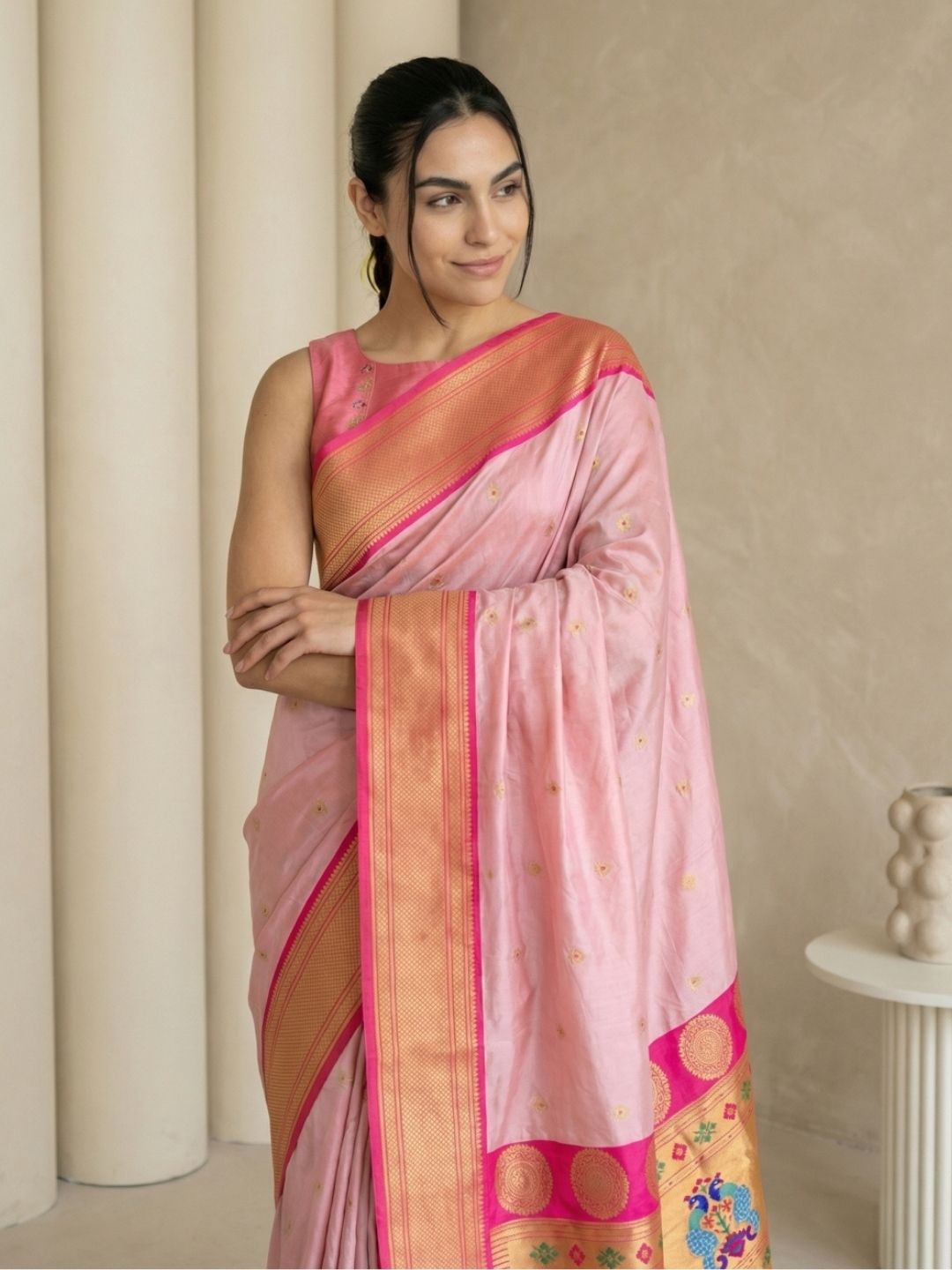Babypink Soft Silk Paithani Saree For Women Meenakari Zari Weaving Floral Motifs Traditional Wedding Saree With Brocade Blouse