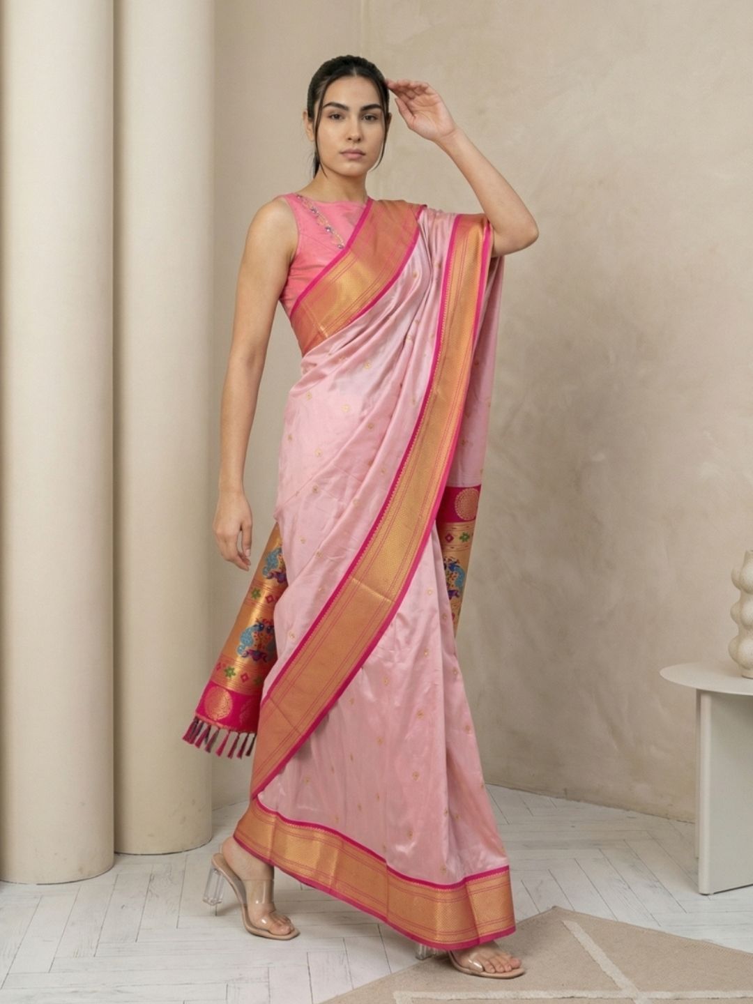 Babypink Soft Silk Paithani Saree For Women Meenakari Zari Weaving Floral Motifs Traditional Wedding Saree With Brocade Blouse