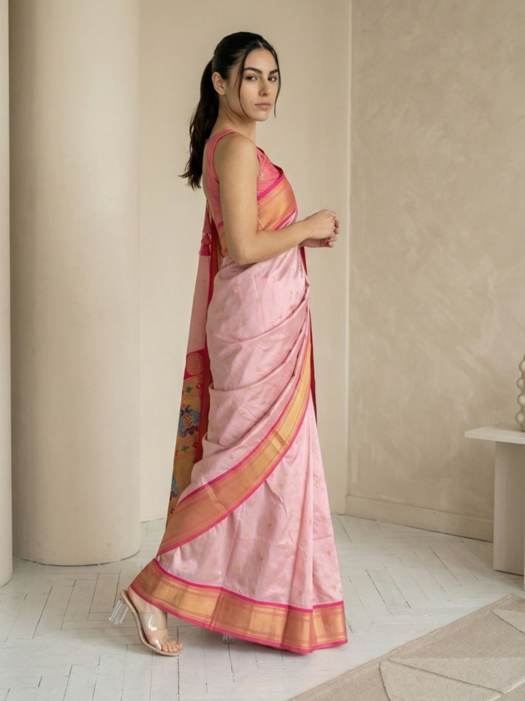 Babypink Soft Silk Paithani Saree For Women Meenakari Zari Weaving Floral Motifs Traditional Wedding Saree With Brocade Blouse