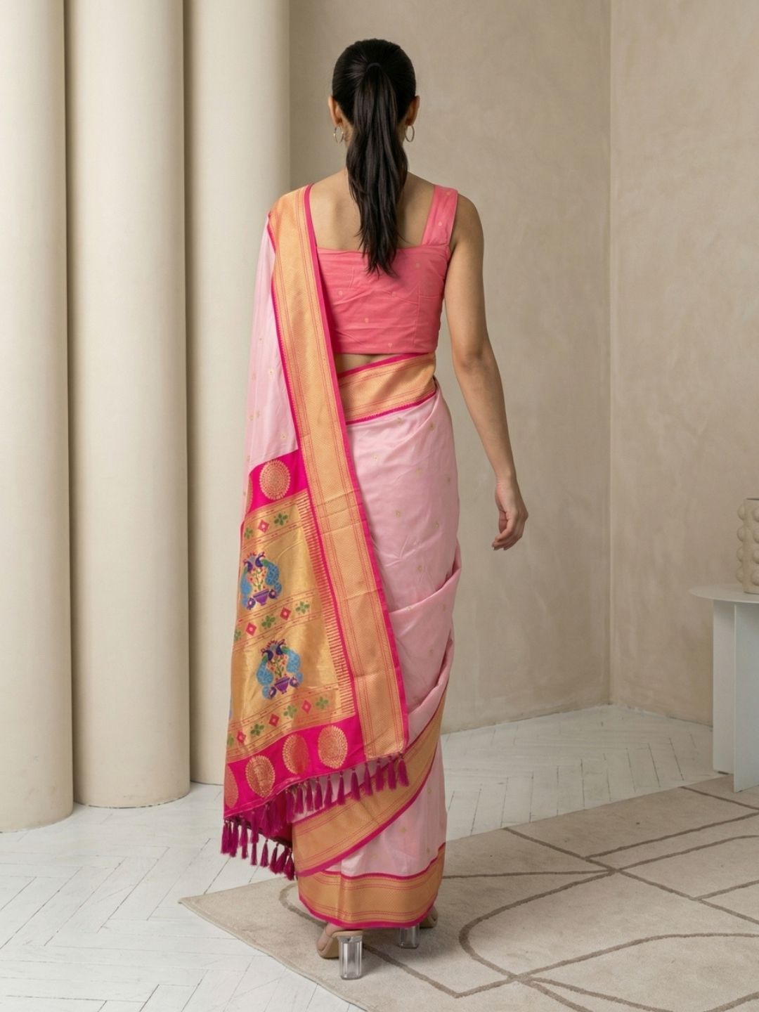 Babypink Soft Silk Paithani Saree For Women Meenakari Zari Weaving Floral Motifs Traditional Wedding Saree With Brocade Blouse