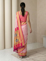 Babypink Soft Silk Paithani Saree For Women Meenakari Zari Weaving Floral Motifs Traditional Wedding Saree With Brocade Blouse