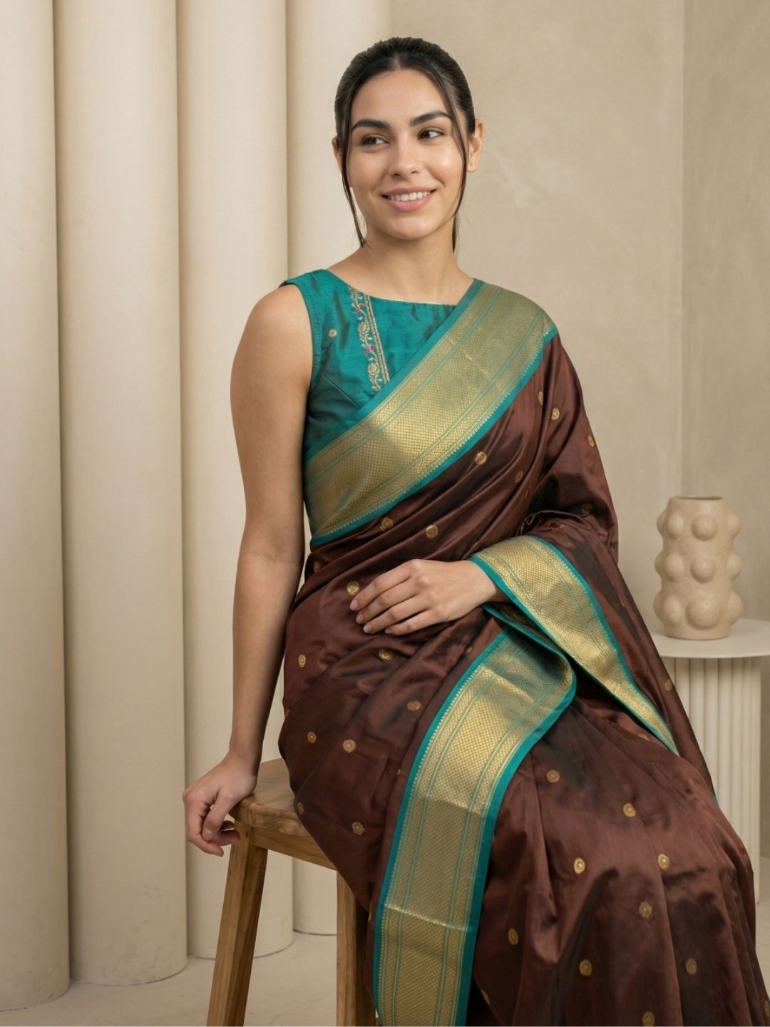 Coffee Soft Silk Paithani Saree For Women Meenakari Zari Weaving Floral Motifs Traditional Wedding Saree With Brocade Blouse