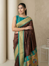 Coffee Soft Silk Paithani Saree For Women Meenakari Zari Weaving Floral Motifs Traditional Wedding Saree With Brocade Blouse