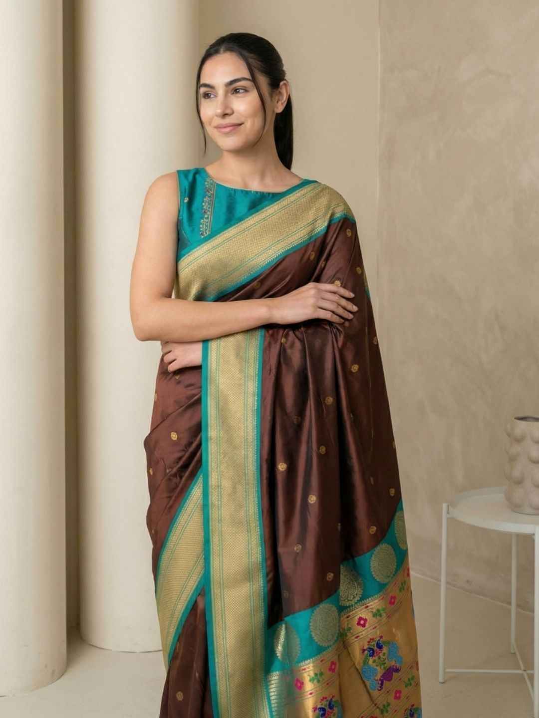 Coffee Soft Silk Paithani Saree For Women Meenakari Zari Weaving Floral Motifs Traditional Wedding Saree With Brocade Blouse