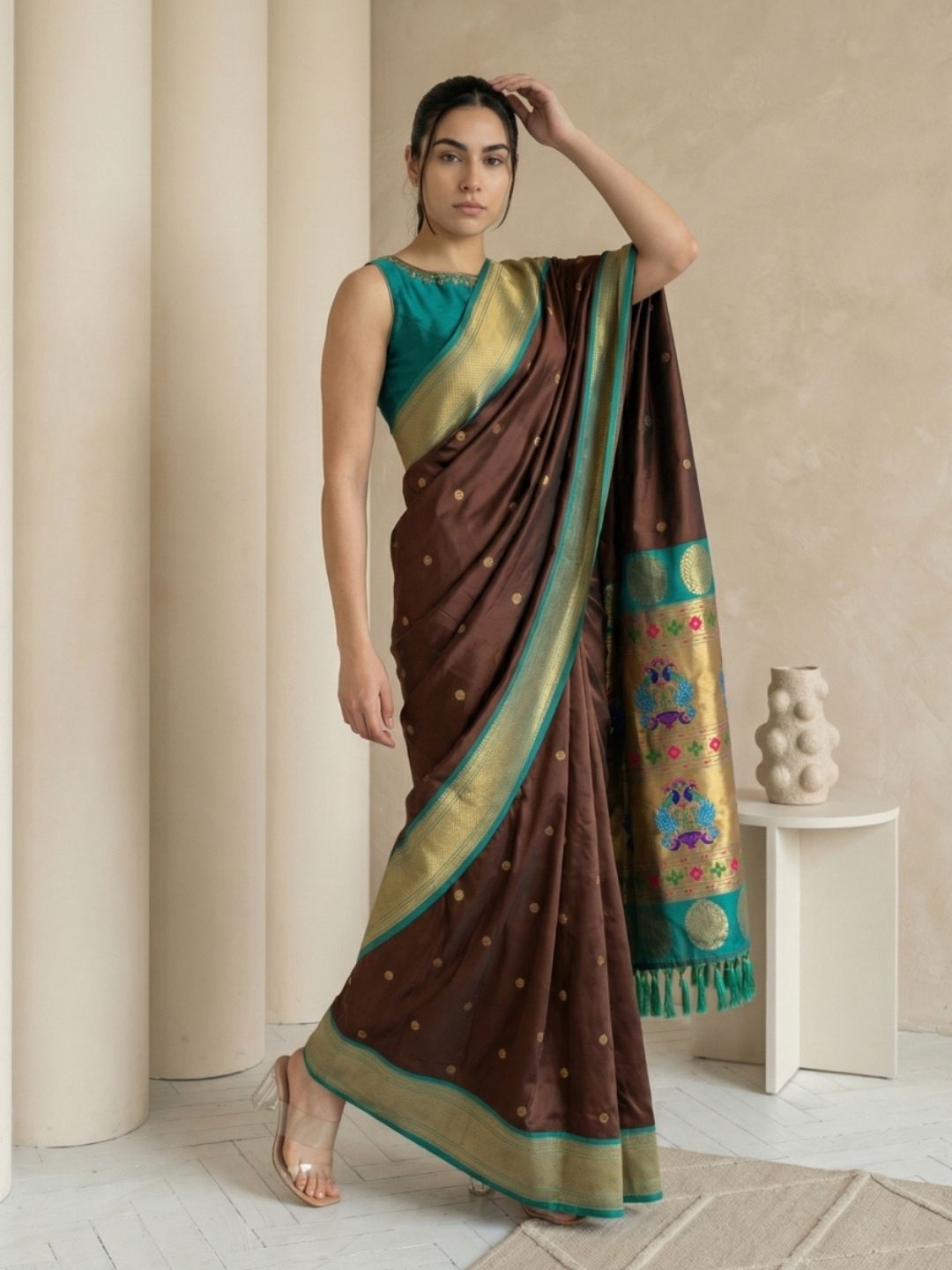 Coffee Soft Silk Paithani Saree For Women Meenakari Zari Weaving Floral Motifs Traditional Wedding Saree With Brocade Blouse