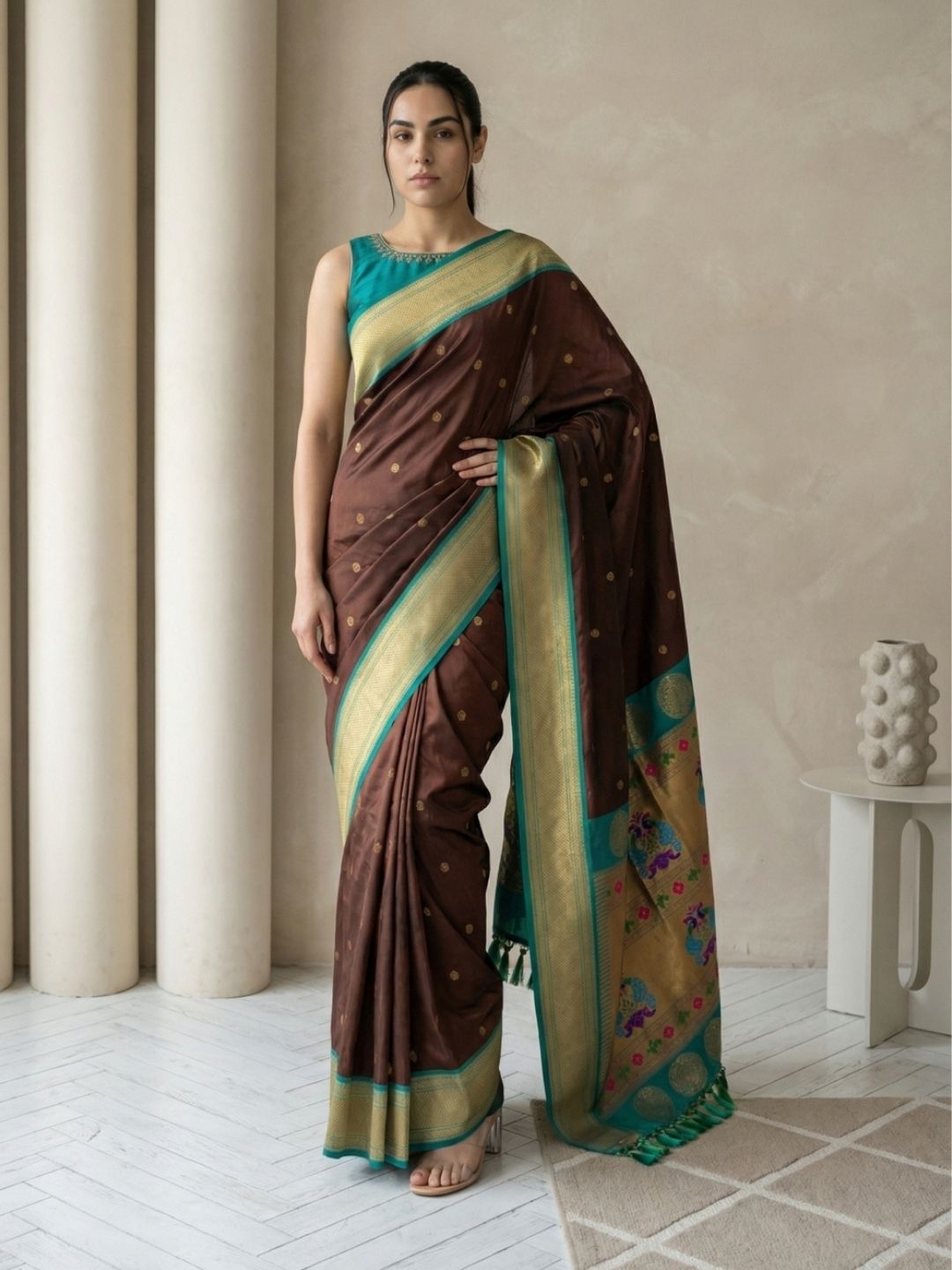 Coffee Soft Silk Paithani Saree For Women Meenakari Zari Weaving Floral Motifs Traditional Wedding Saree With Brocade Blouse