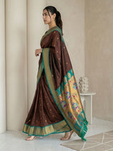 Coffee Soft Silk Paithani Saree For Women Meenakari Zari Weaving Floral Motifs Traditional Wedding Saree With Brocade Blouse