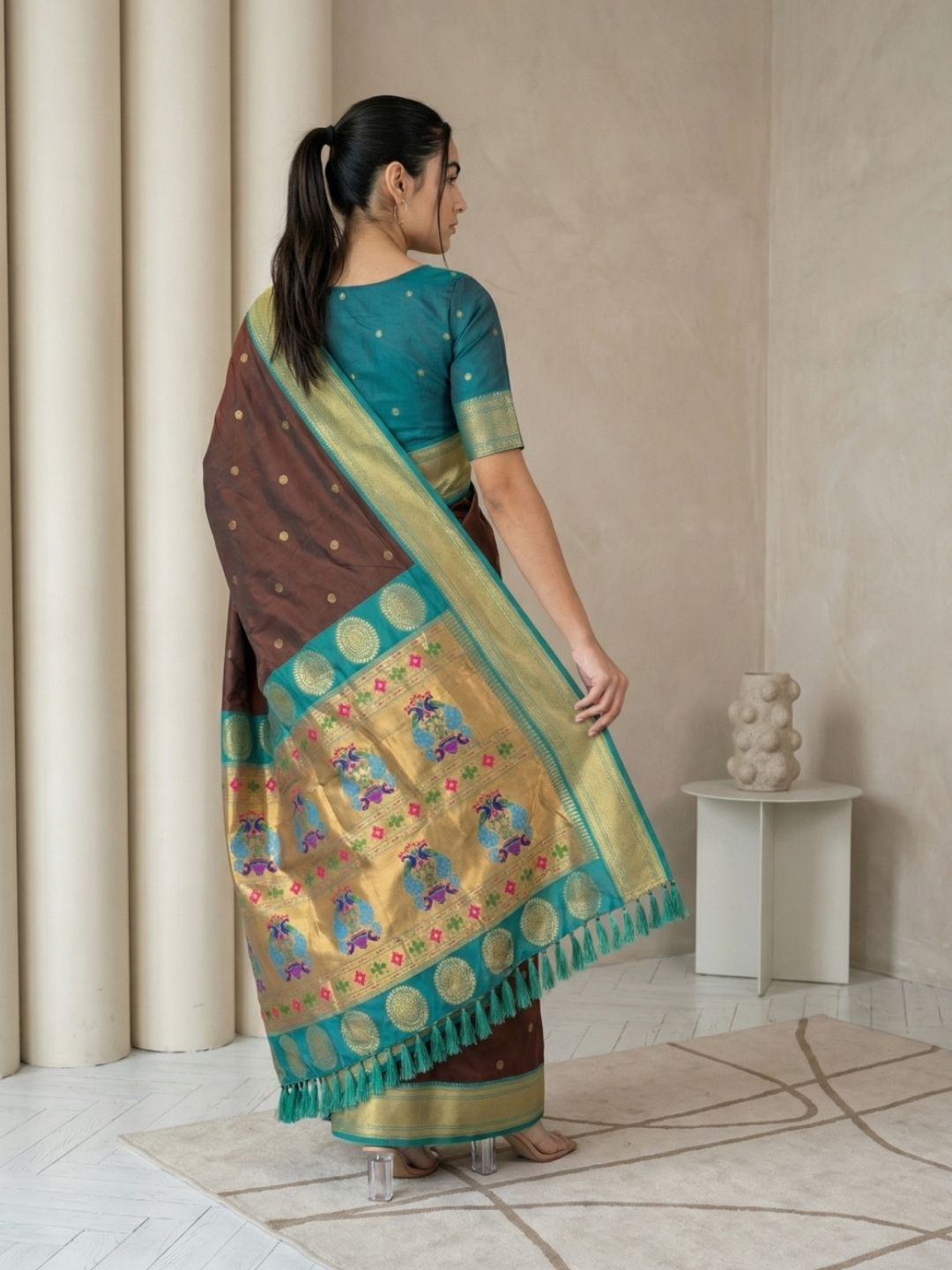 Coffee Soft Silk Paithani Saree For Women Meenakari Zari Weaving Floral Motifs Traditional Wedding Saree With Brocade Blouse