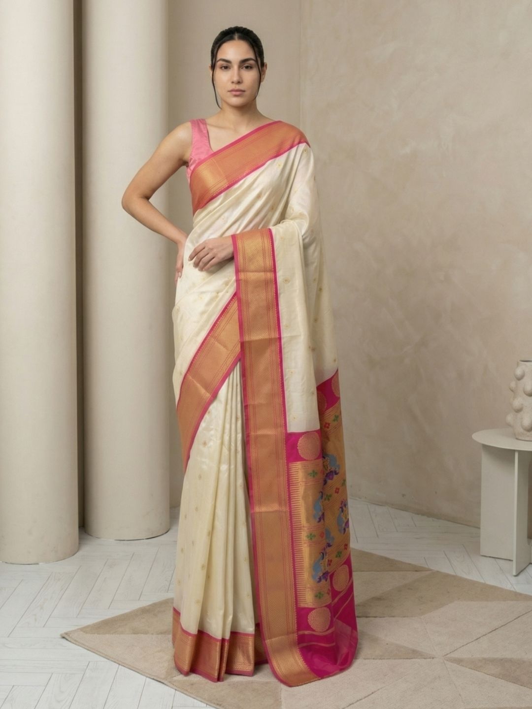 Cream Soft Silk Paithani Saree For Women Meenakari Zari Weaving Floral Motifs Traditional Wedding Saree With Brocade Blouse