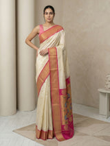 Cream Soft Silk Paithani Saree For Women Meenakari Zari Weaving Floral Motifs Traditional Wedding Saree With Brocade Blouse