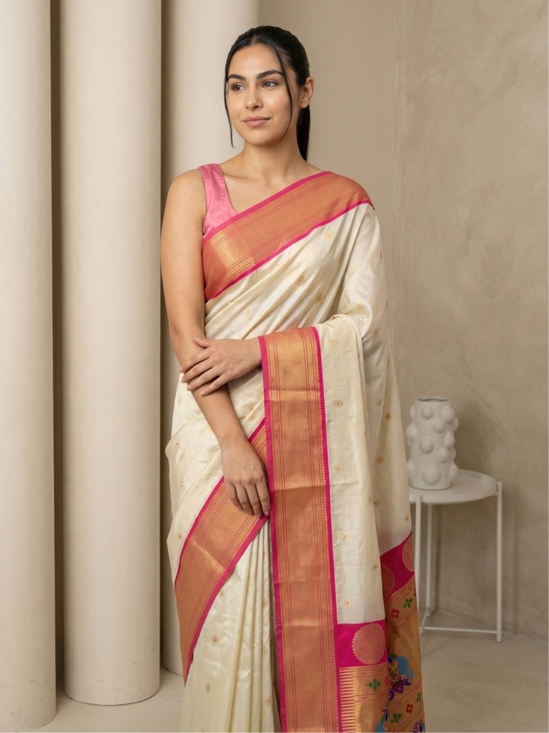 Cream Soft Silk Paithani Saree For Women Meenakari Zari Weaving Floral Motifs Traditional Wedding Saree With Brocade Blouse