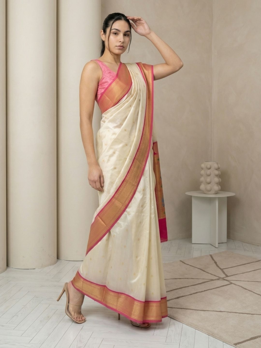 Cream Soft Silk Paithani Saree For Women Meenakari Zari Weaving Floral Motifs Traditional Wedding Saree With Brocade Blouse