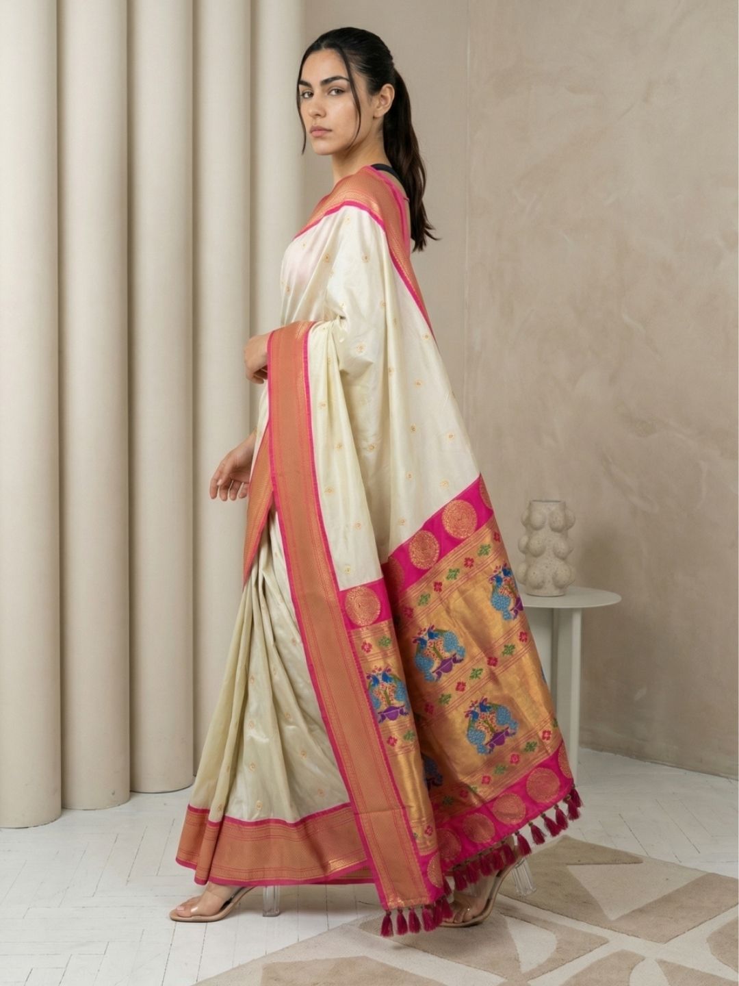 Cream Soft Silk Paithani Saree For Women Meenakari Zari Weaving Floral Motifs Traditional Wedding Saree With Brocade Blouse