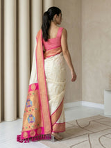 Cream Soft Silk Paithani Saree For Women Meenakari Zari Weaving Floral Motifs Traditional Wedding Saree With Brocade Blouse