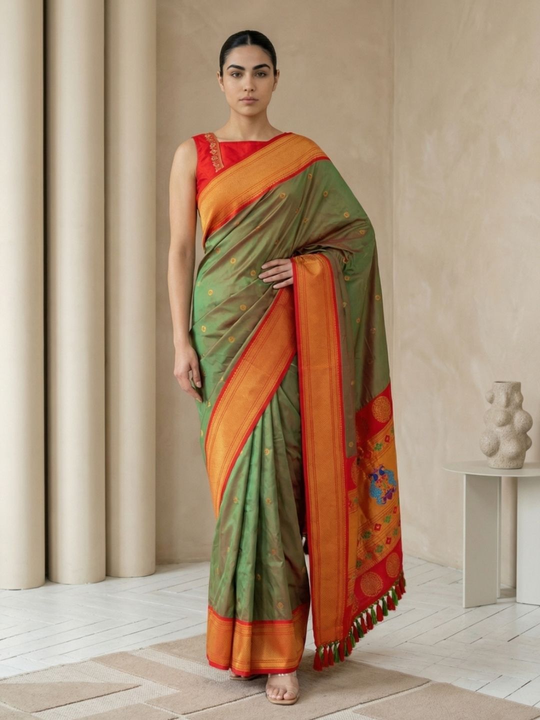 Mehendi Red Soft Silk Paithani Saree For Women Meenakari Zari Weaving Floral Motifs Traditional Wedding Saree With Brocade Blouse