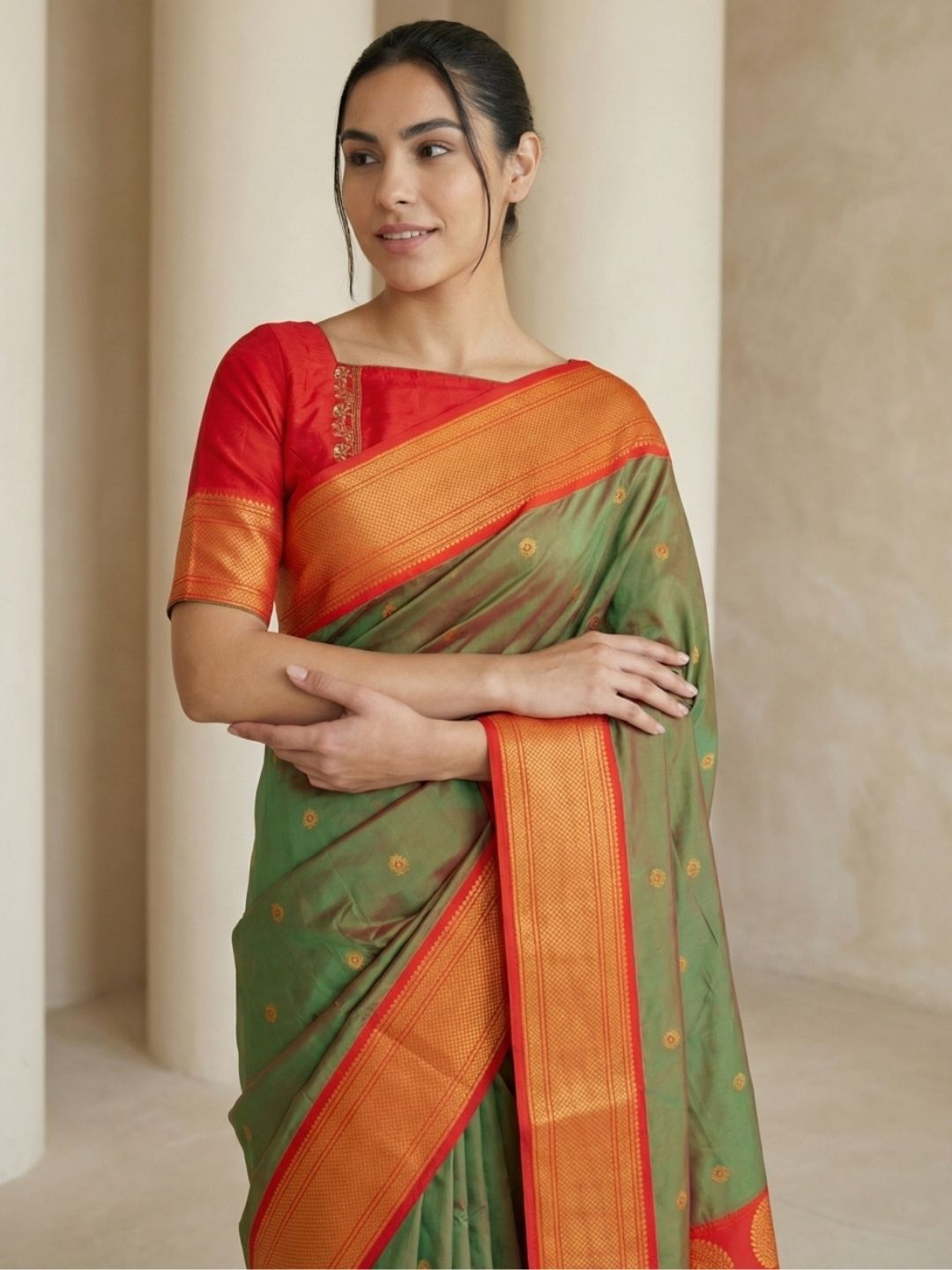 Mehendi Red Soft Silk Paithani Saree For Women Meenakari Zari Weaving Floral Motifs Traditional Wedding Saree With Brocade Blouse