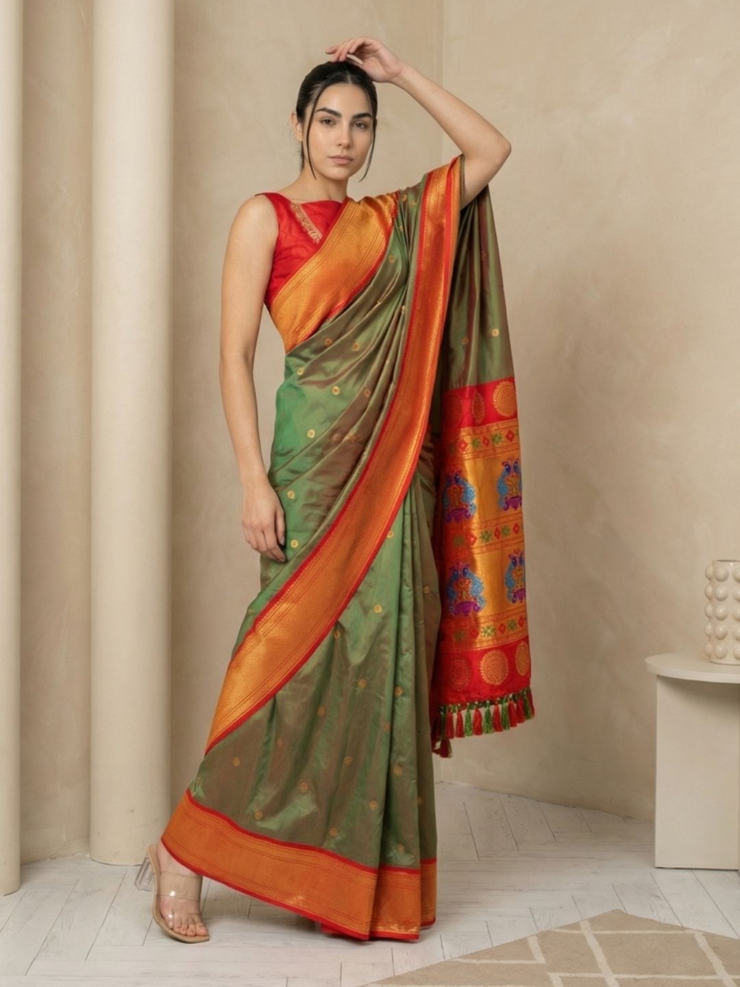 Mehendi Red Soft Silk Paithani Saree For Women Meenakari Zari Weaving Floral Motifs Traditional Wedding Saree With Brocade Blouse