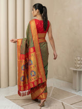 Mehendi Red Soft Silk Paithani Saree For Women Meenakari Zari Weaving Floral Motifs Traditional Wedding Saree With Brocade Blouse