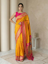 Orange Soft Silk Paithani Saree For Women Meenakari Zari Weaving Floral Motifs Traditional Wedding Saree With Brocade Blouse