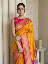 Orange Soft Silk Paithani Saree For Women Meenakari Zari Weaving Floral Motifs Traditional Wedding Saree With Brocade Blouse