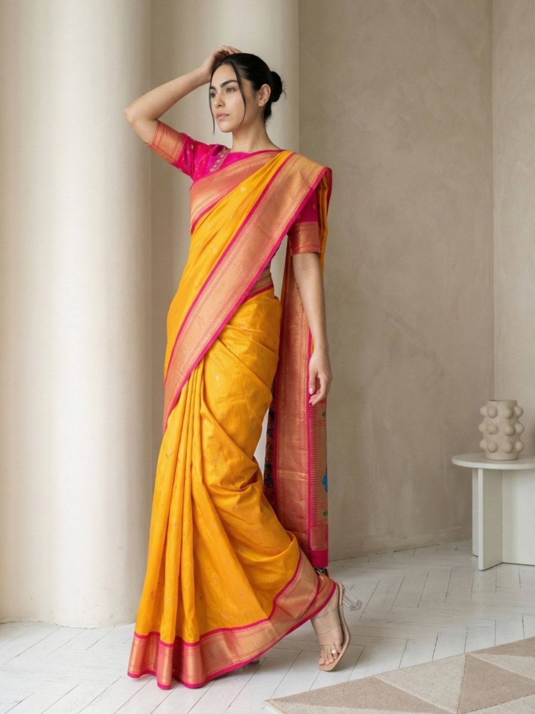 Orange Soft Silk Paithani Saree For Women Meenakari Zari Weaving Floral Motifs Traditional Wedding Saree With Brocade Blouse