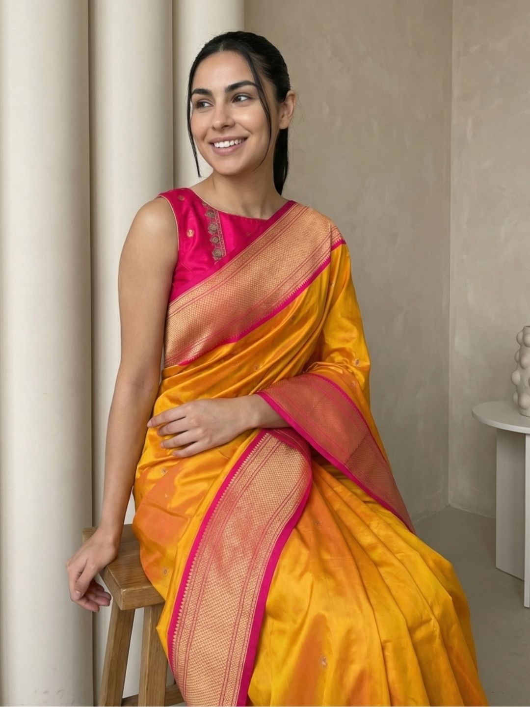 Orange Soft Silk Paithani Saree For Women Meenakari Zari Weaving Floral Motifs Traditional Wedding Saree With Brocade Blouse