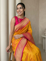 Orange Soft Silk Paithani Saree For Women Meenakari Zari Weaving Floral Motifs Traditional Wedding Saree With Brocade Blouse
