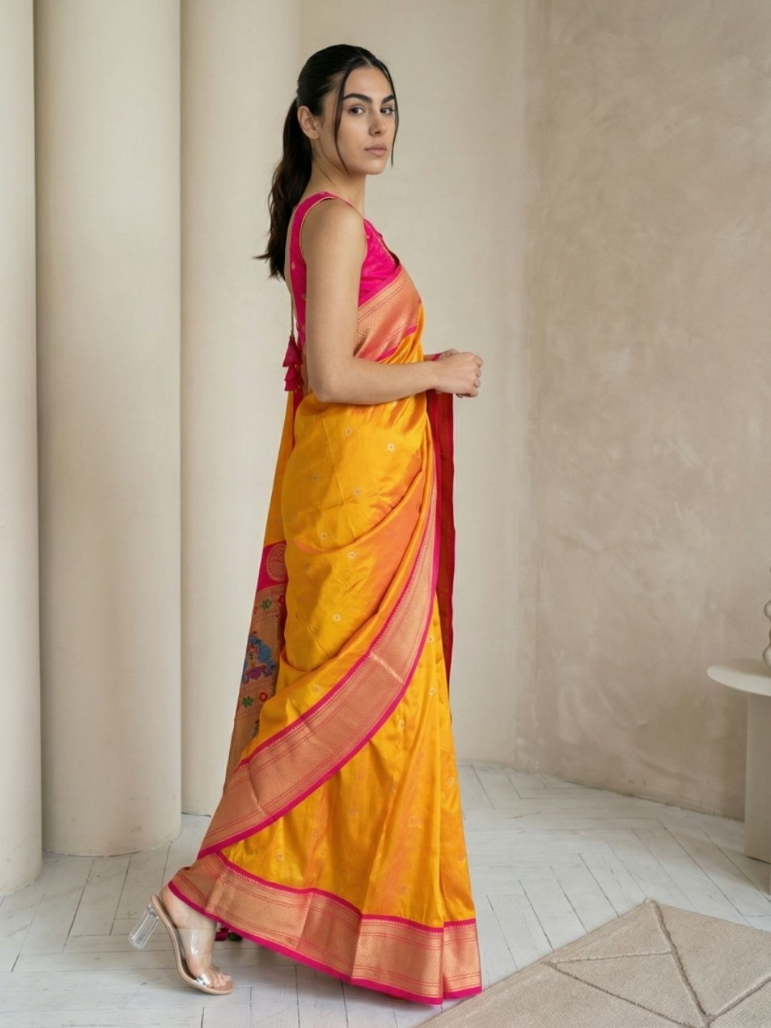 Orange Soft Silk Paithani Saree For Women Meenakari Zari Weaving Floral Motifs Traditional Wedding Saree With Brocade Blouse