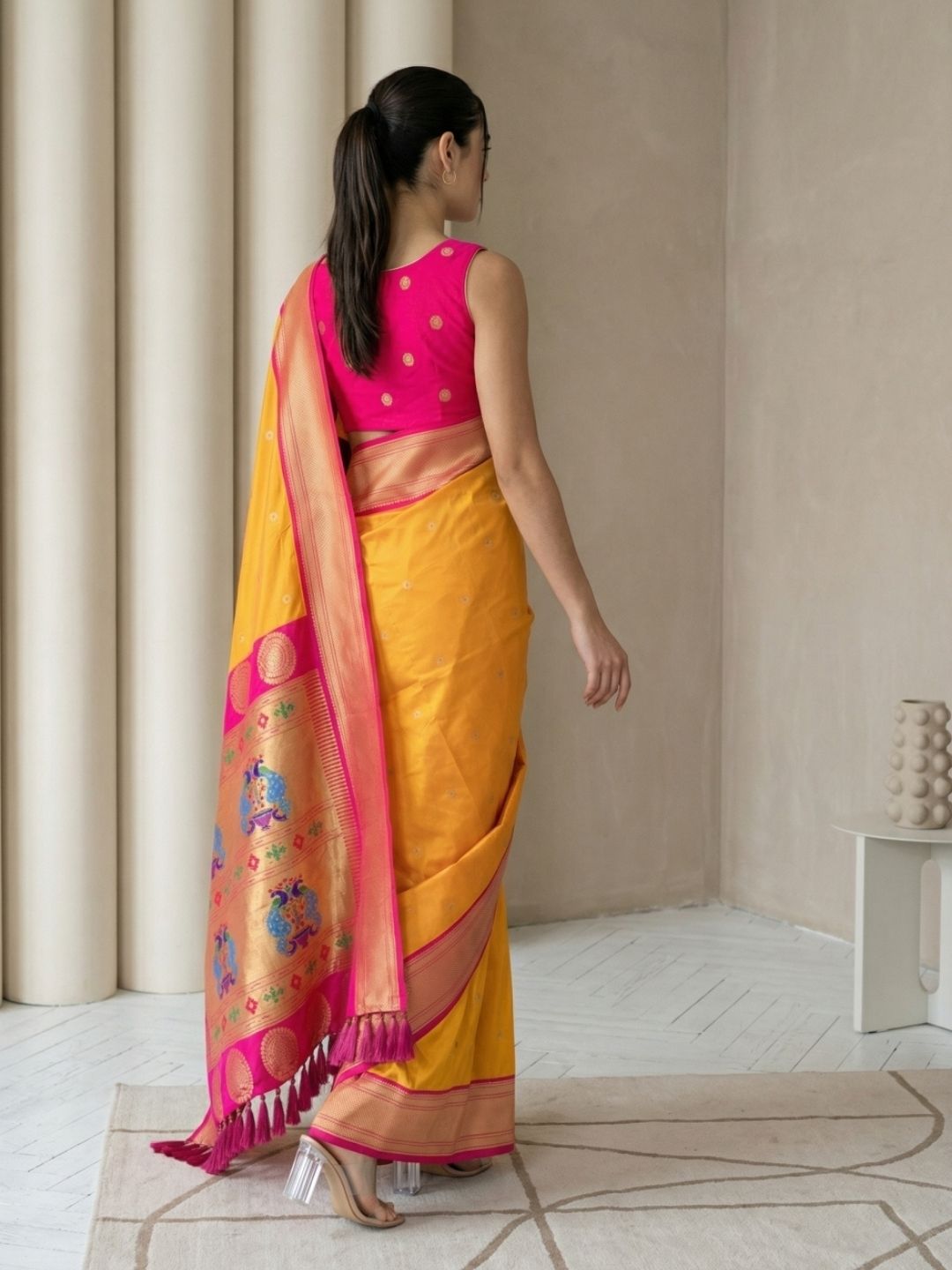 Orange Soft Silk Paithani Saree For Women Meenakari Zari Weaving Floral Motifs Traditional Wedding Saree With Brocade Blouse