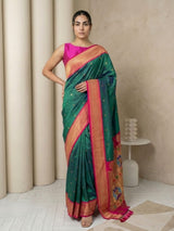 Pgreen Soft Silk Paithani Saree For Women Meenakari Zari Weaving Floral Motifs Traditional Wedding Saree With Brocade Blouse
