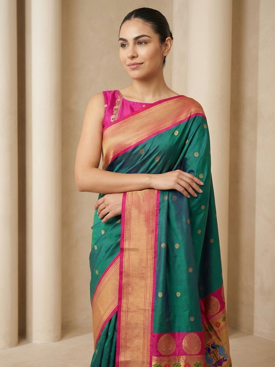 Pgreen Soft Silk Paithani Saree For Women Meenakari Zari Weaving Floral Motifs Traditional Wedding Saree With Brocade Blouse