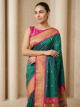 Pgreen Soft Silk Paithani Saree For Women Meenakari Zari Weaving Floral Motifs Traditional Wedding Saree With Brocade Blouse