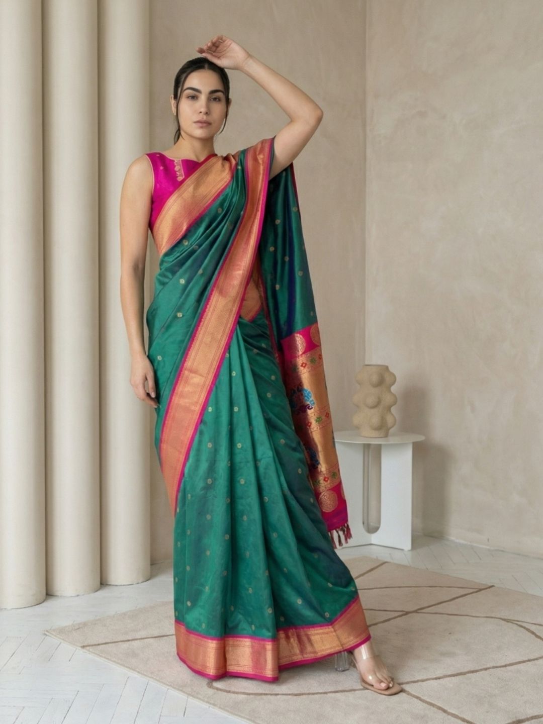 Pgreen Soft Silk Paithani Saree For Women Meenakari Zari Weaving Floral Motifs Traditional Wedding Saree With Brocade Blouse
