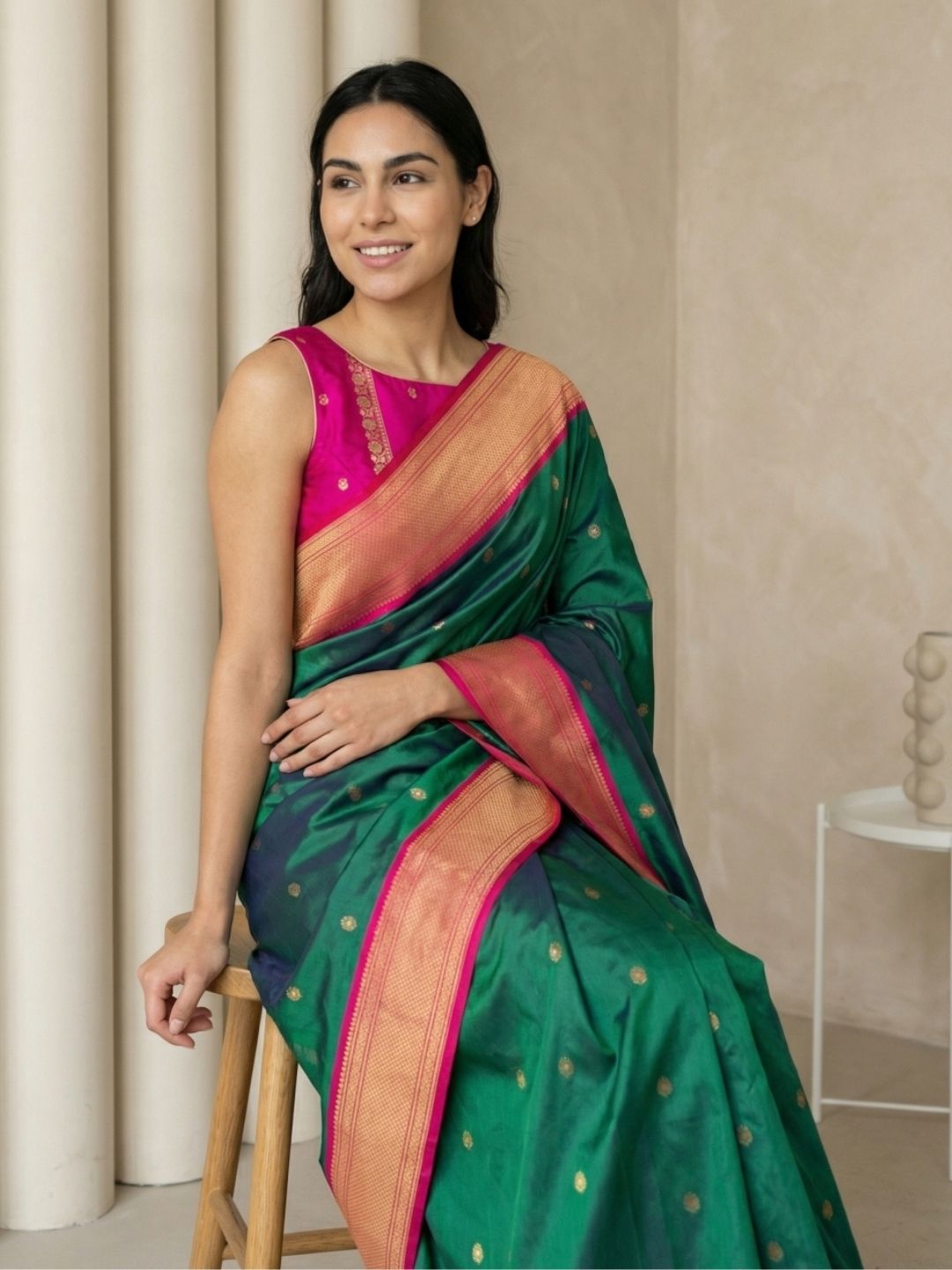 Pgreen Soft Silk Paithani Saree For Women Meenakari Zari Weaving Floral Motifs Traditional Wedding Saree With Brocade Blouse