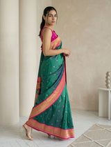 Pgreen Soft Silk Paithani Saree For Women Meenakari Zari Weaving Floral Motifs Traditional Wedding Saree With Brocade Blouse