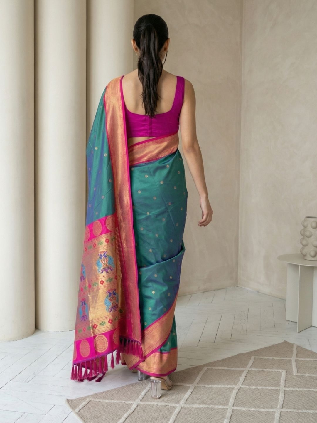 Pgreen Soft Silk Paithani Saree For Women Meenakari Zari Weaving Floral Motifs Traditional Wedding Saree With Brocade Blouse