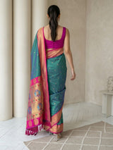 Pgreen Soft Silk Paithani Saree For Women Meenakari Zari Weaving Floral Motifs Traditional Wedding Saree With Brocade Blouse
