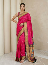 Pink Soft Silk Paithani Saree For Women Meenakari Zari Weaving Floral Motifs Traditional Wedding Saree With Brocade Blouse