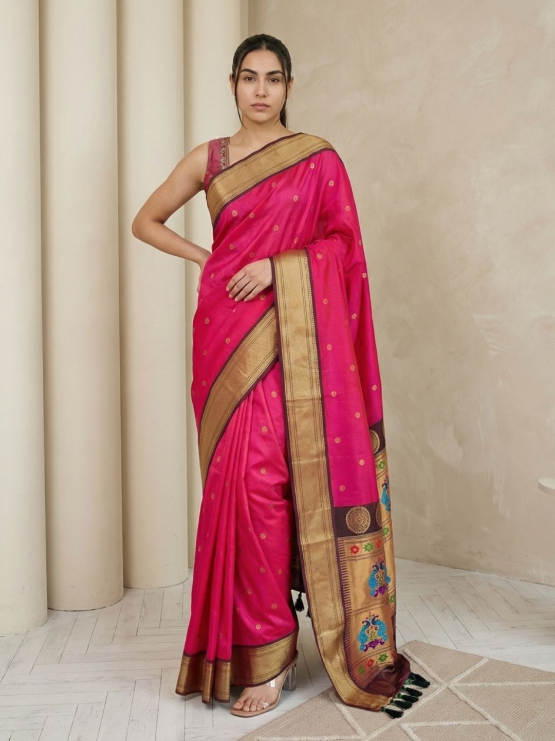 Pink Soft Silk Paithani Saree For Women Meenakari Zari Weaving Floral Motifs Traditional Wedding Saree With Brocade Blouse