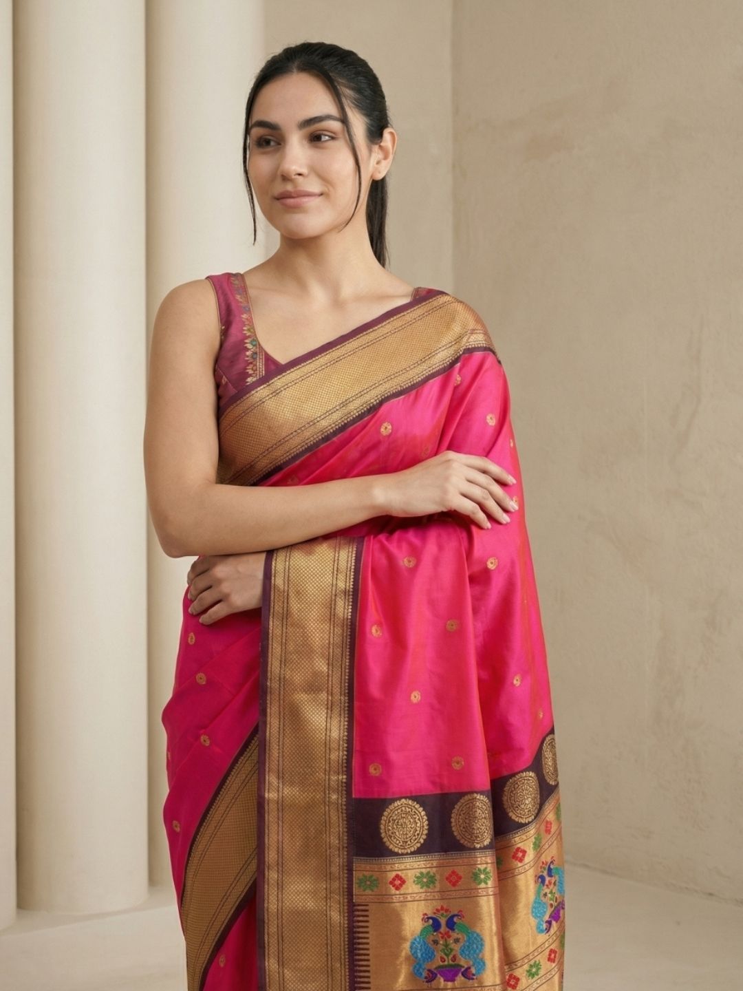 Pink Soft Silk Paithani Saree For Women Meenakari Zari Weaving Floral Motifs Traditional Wedding Saree With Brocade Blouse