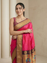 Pink Soft Silk Paithani Saree For Women Meenakari Zari Weaving Floral Motifs Traditional Wedding Saree With Brocade Blouse