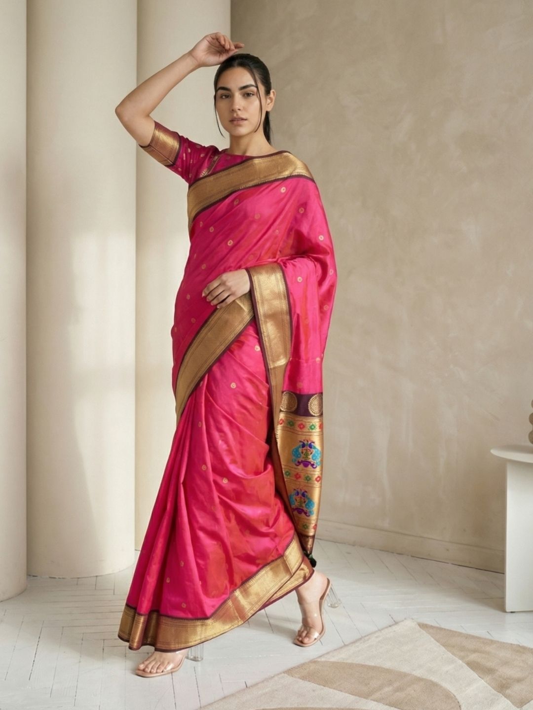 Pink Soft Silk Paithani Saree For Women Meenakari Zari Weaving Floral Motifs Traditional Wedding Saree With Brocade Blouse